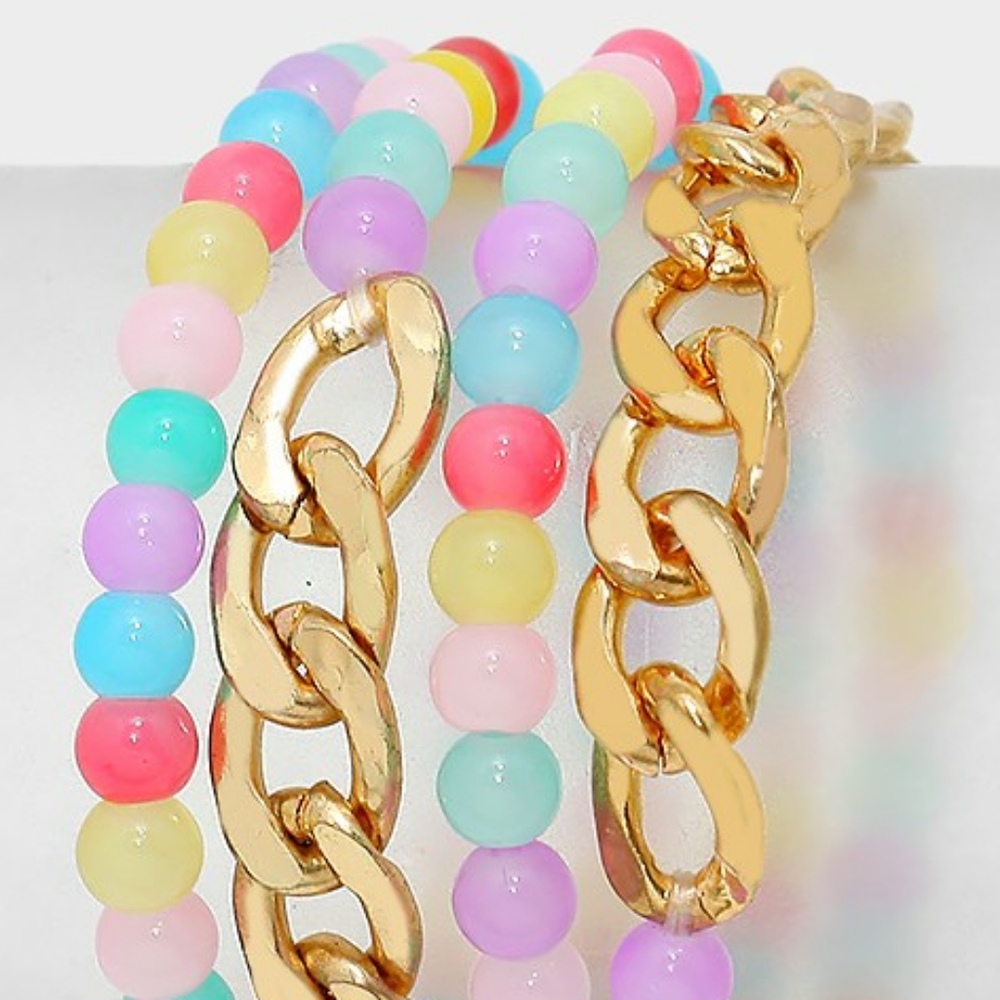 Colorful Beaded Gold Chain Link Stretch Bracelet MultiColored Rainbow Layered - Picture 2 of 2